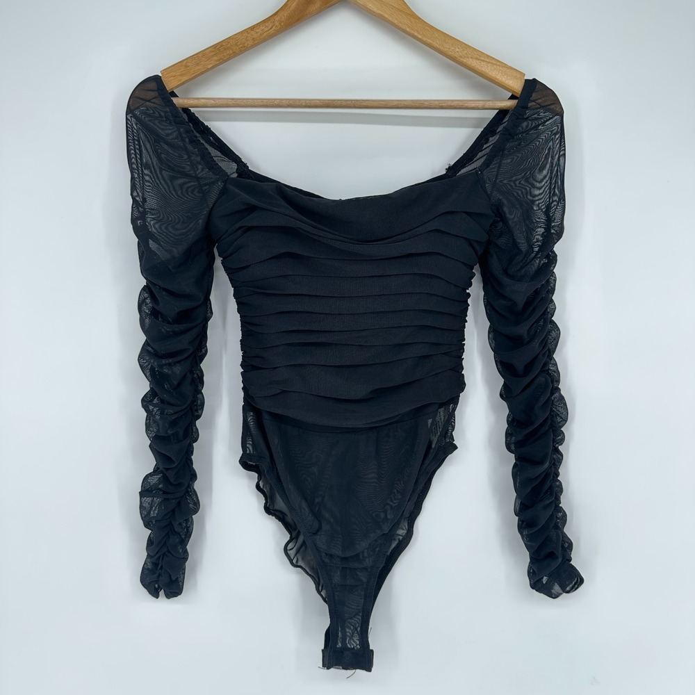 Princes Polly Body Suit Size 4 Black tight Lace Long Sleeve Ruffled